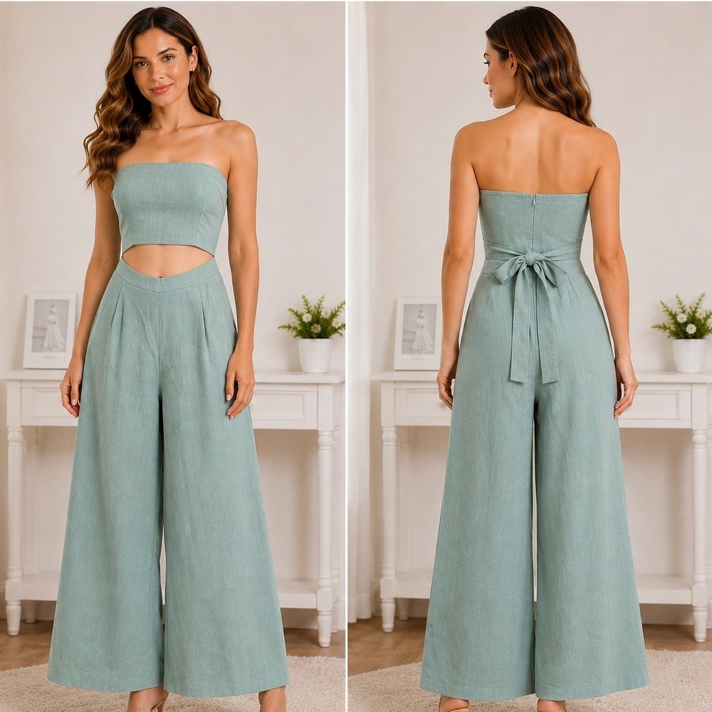 NWt Hello Molly Jumpsuit Sz 6 Sage Green Strapless Cutout Linen Blend Wide Leg